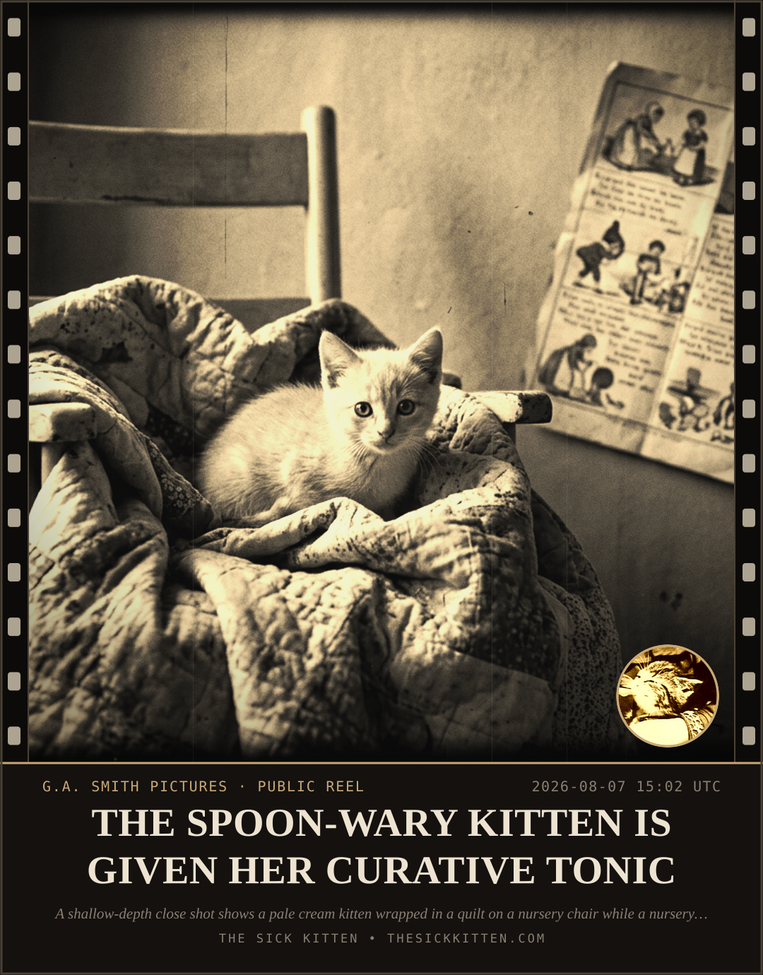 The Sick Kitten, frame no. 801: THE SPOON-WARY KITTEN IS GIVEN HER CURATIVE TONIC