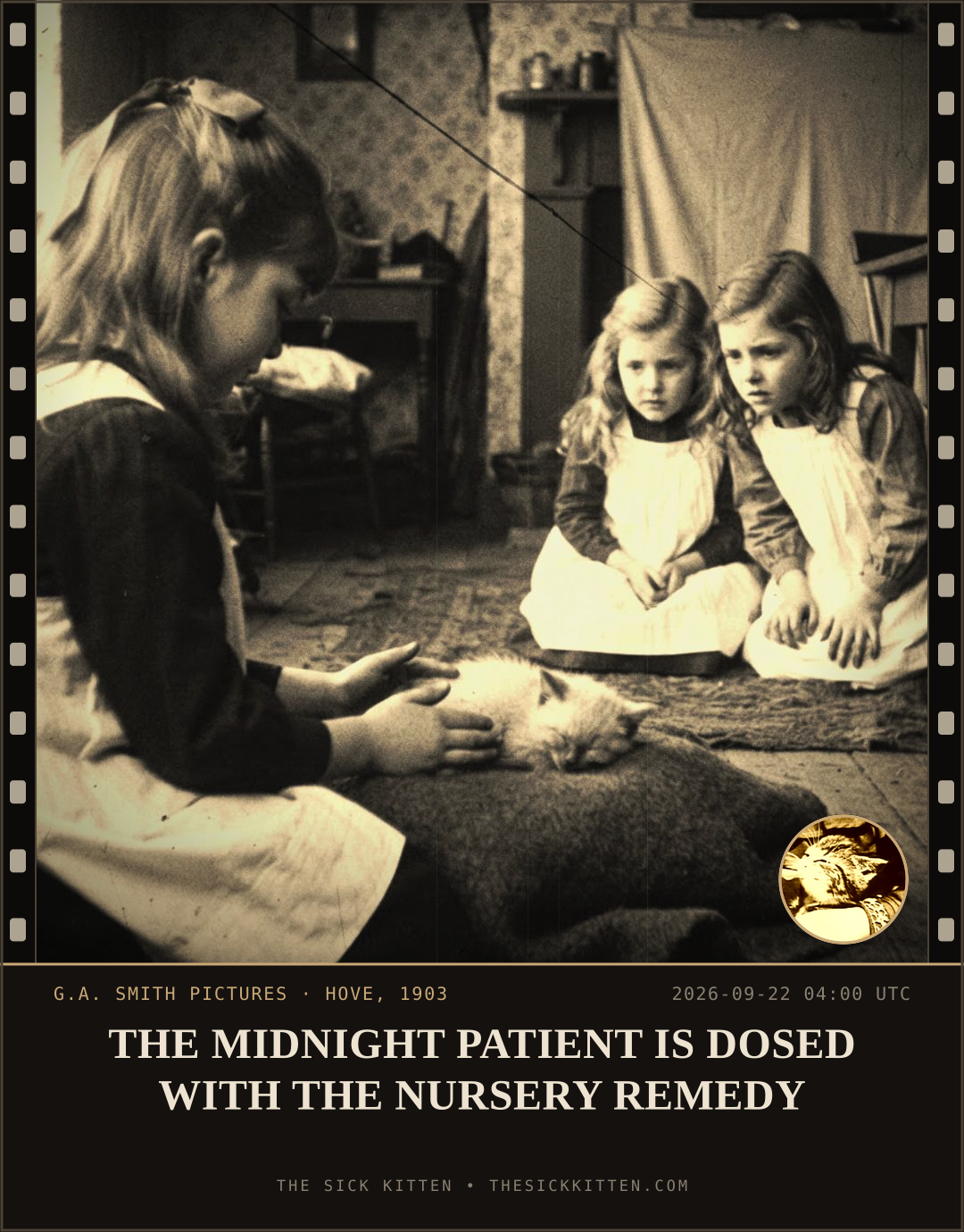 The Sick Kitten, frame no. 1181: THE MIDNIGHT PATIENT IS DOSED WITH THE NURSERY REMEDY