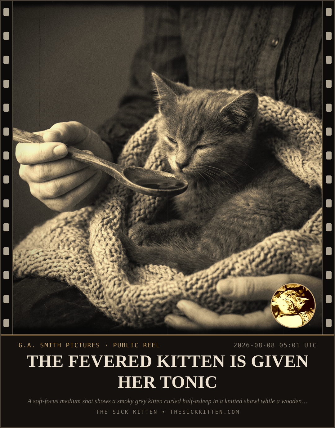 The Sick Kitten, frame no. 829: THE FEVERED KITTEN IS GIVEN HER TONIC