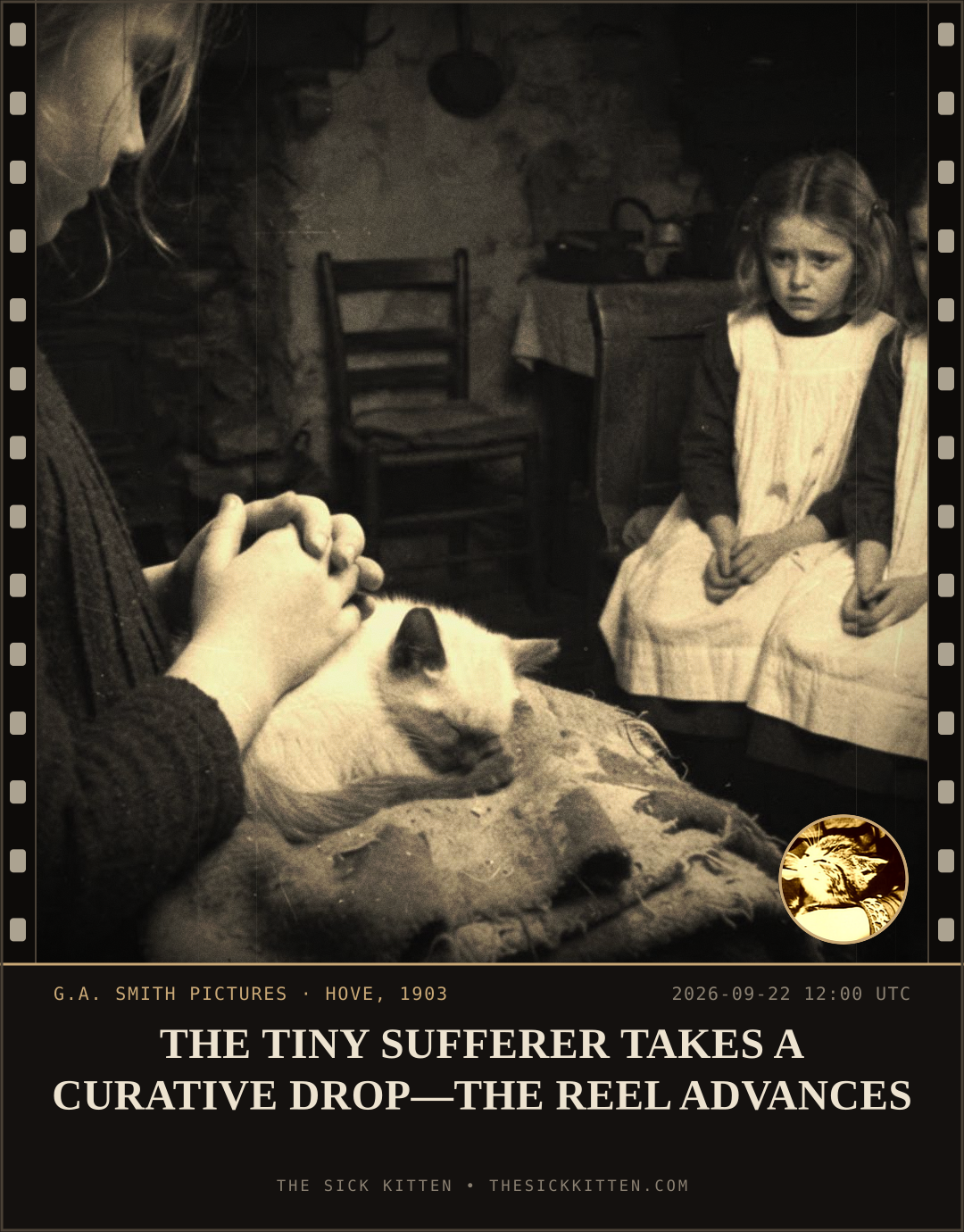 The Sick Kitten, frame no. 1183: THE TINY SUFFERER TAKES A CURATIVE DROP—THE REEL ADVANCES