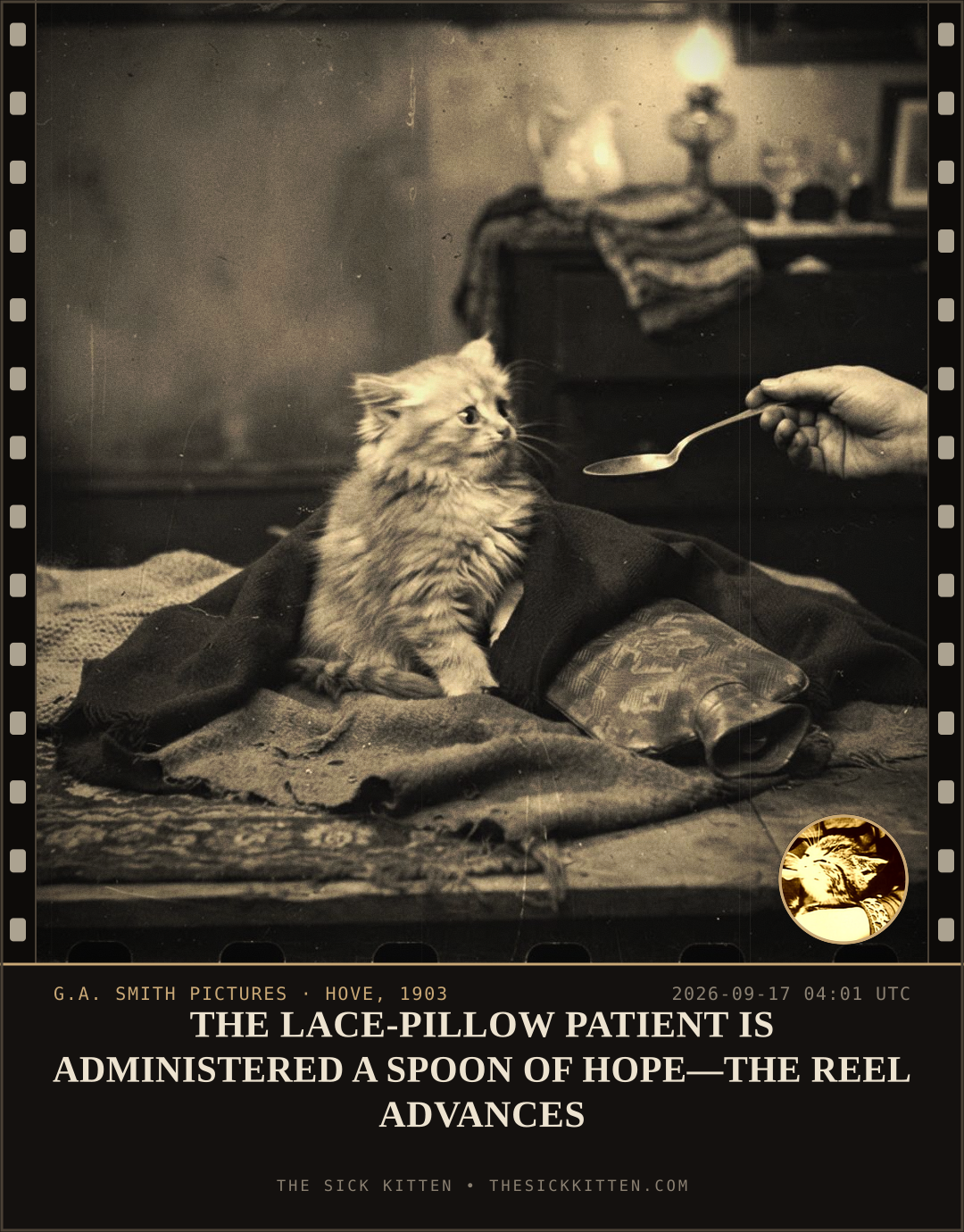 The Sick Kitten, frame no. 1137: THE LACE-PILLOW PATIENT IS ADMINISTERED A SPOON OF HOPE—THE REEL ADVANCES