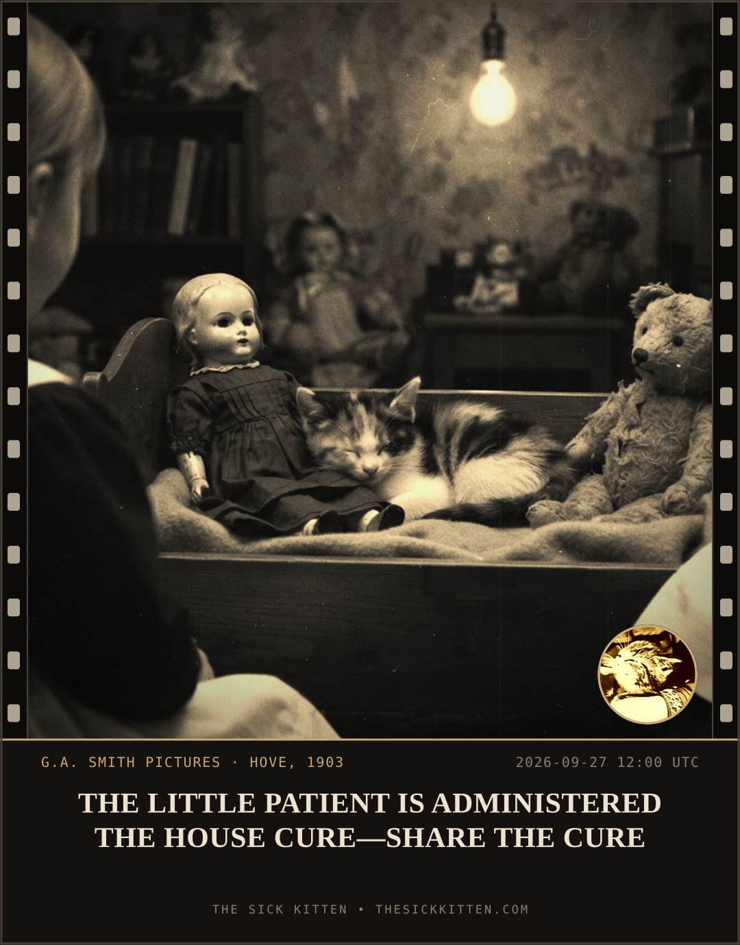 The Sick Kitten, frame no. 1224: THE LITTLE PATIENT IS ADMINISTERED THE HOUSE CURE—SHARE THE CURE