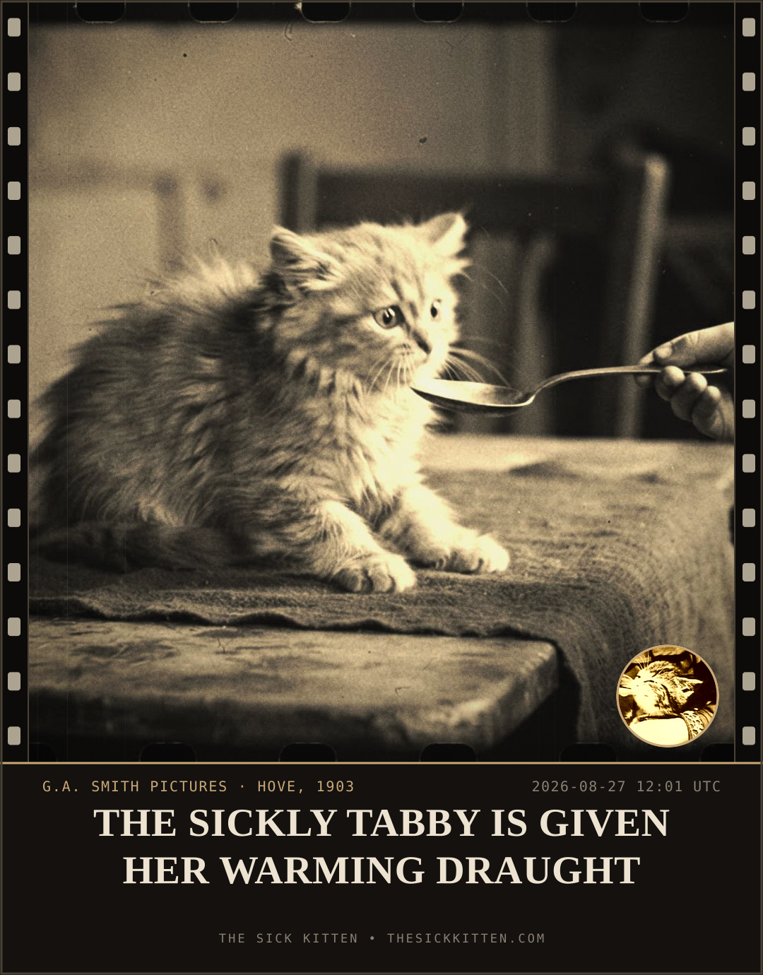 The Sick Kitten, frame no. 962: THE SICKLY TABBY IS GIVEN HER WARMING DRAUGHT