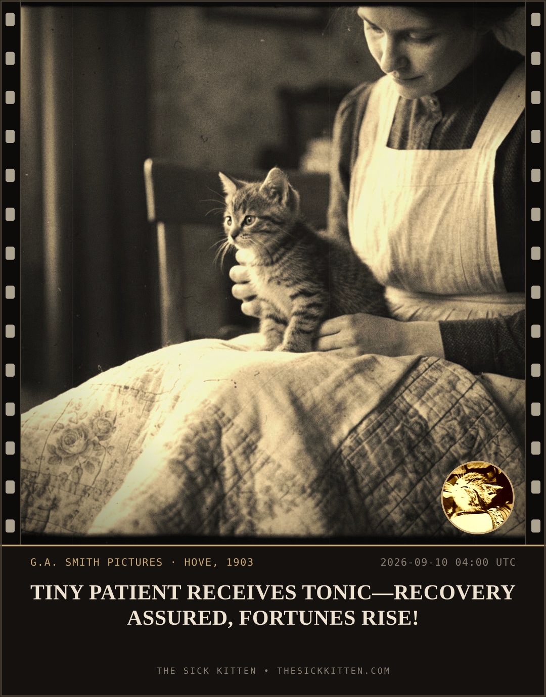 The Sick Kitten, frame no. 1074: TINY PATIENT RECEIVES TONIC—RECOVERY ASSURED, FORTUNES RISE!