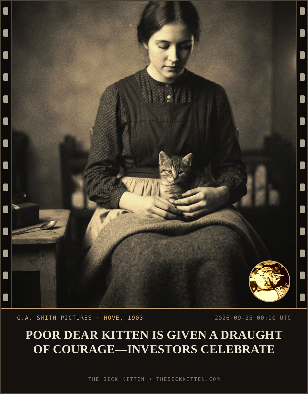 The Sick Kitten, frame no. 1204: POOR DEAR KITTEN IS GIVEN A DRAUGHT OF COURAGE—INVESTORS CELEBRATE