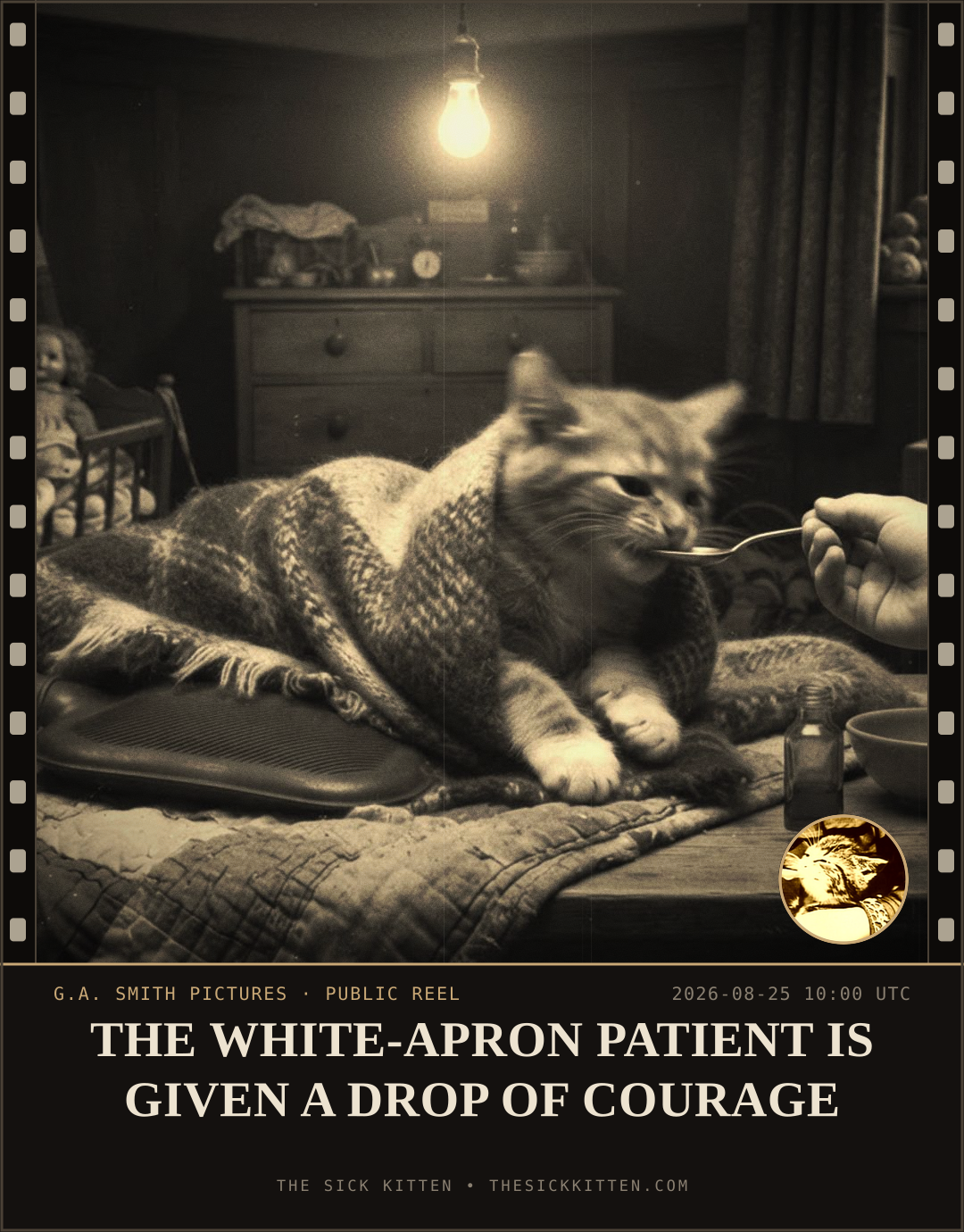 The Sick Kitten, frame no. 945: THE WHITE-APRON PATIENT IS GIVEN A DROP OF COURAGE