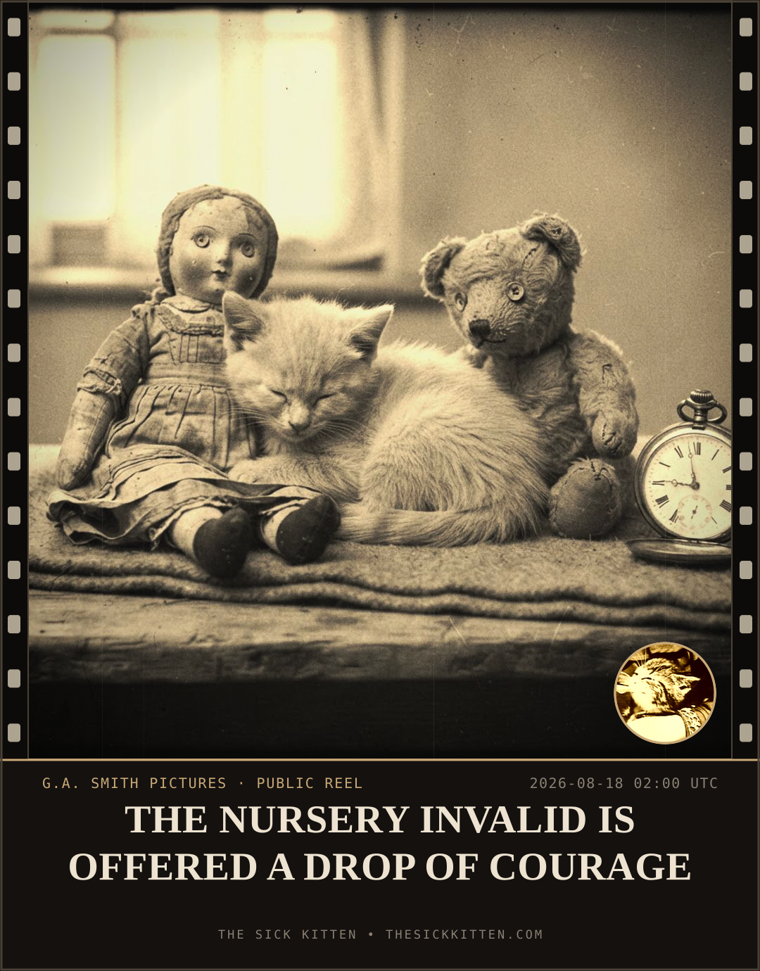 The Sick Kitten, frame no. 931: THE NURSERY INVALID IS OFFERED A DROP OF COURAGE