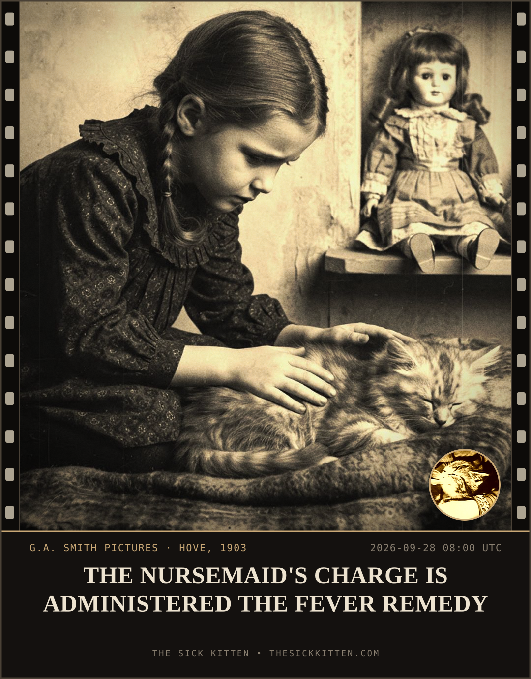 The Sick Kitten, frame no. 1229: THE NURSEMAID'S CHARGE IS ADMINISTERED THE FEVER REMEDY