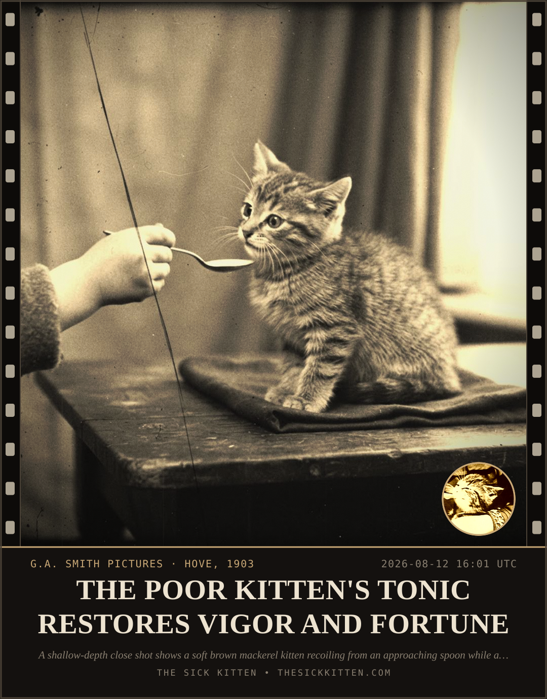 The Sick Kitten, frame no. 883: THE POOR KITTEN'S TONIC RESTORES VIGOR AND FORTUNE
