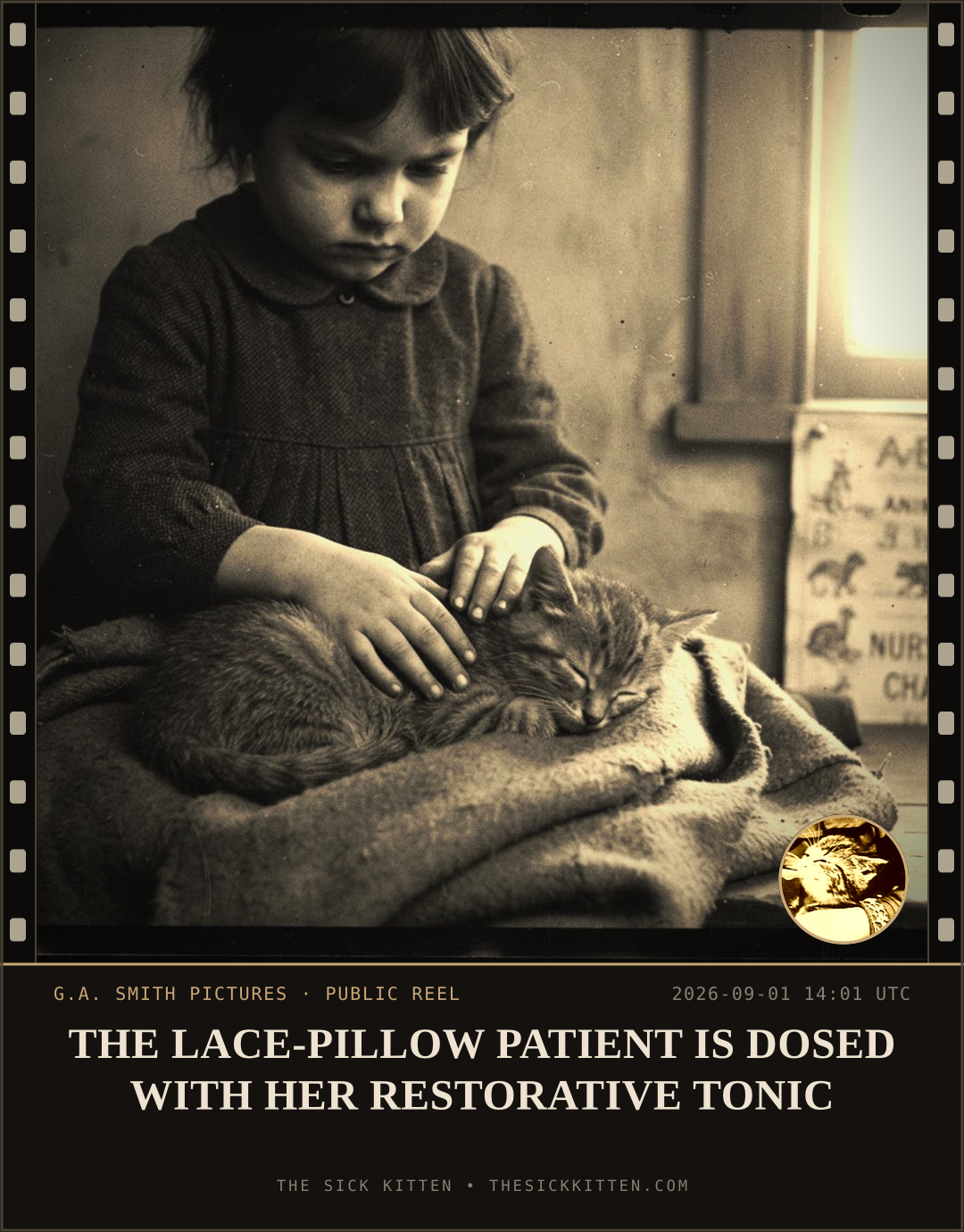 The Sick Kitten, frame no. 1003: THE LACE-PILLOW PATIENT IS DOSED WITH HER RESTORATIVE TONIC