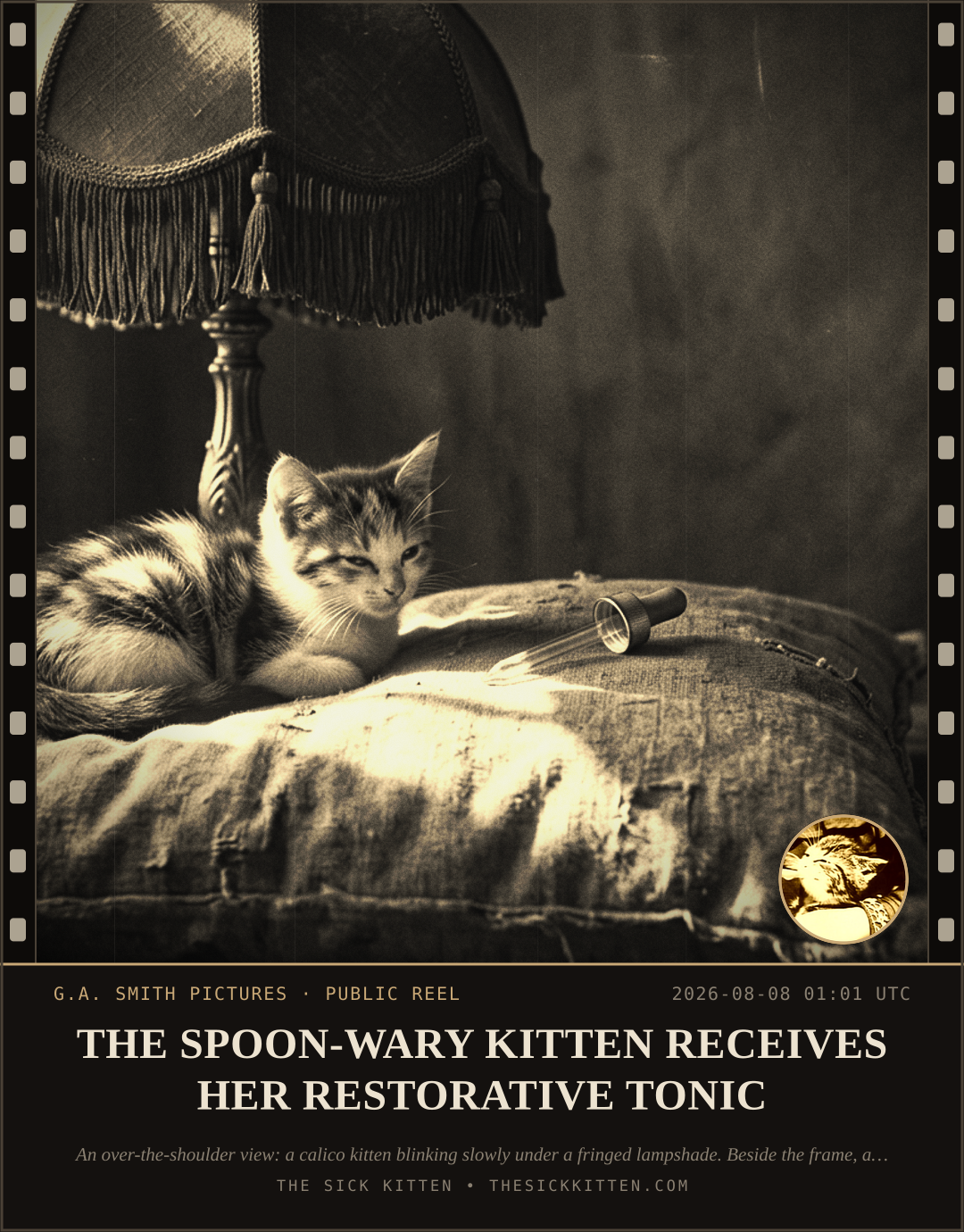 The Sick Kitten, frame no. 821: THE SPOON-WARY KITTEN RECEIVES HER RESTORATIVE TONIC