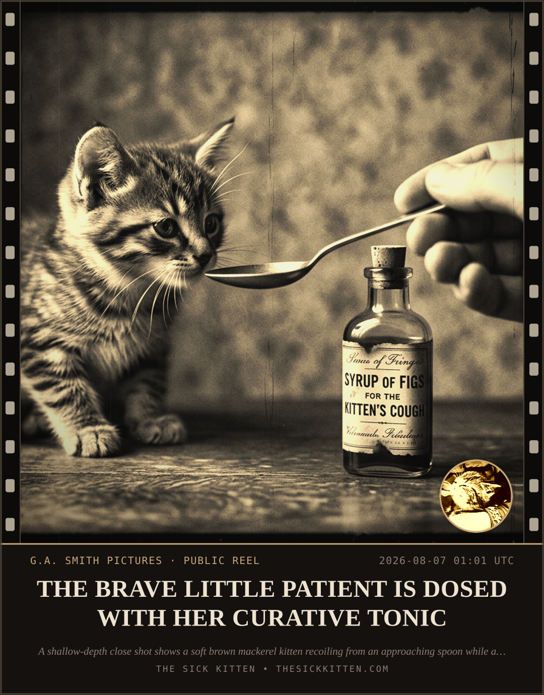 The Sick Kitten, frame no. 775: THE BRAVE LITTLE PATIENT IS DOSED WITH HER CURATIVE TONIC