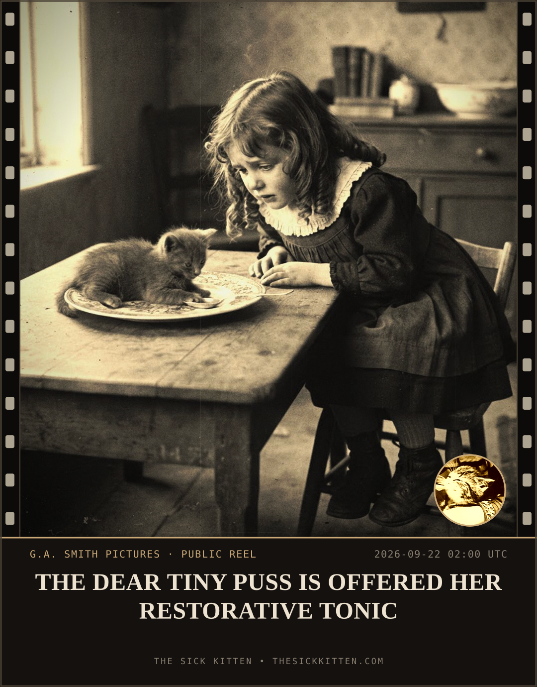 The Sick Kitten, frame no. 1180: THE DEAR TINY PUSS IS OFFERED HER RESTORATIVE TONIC
