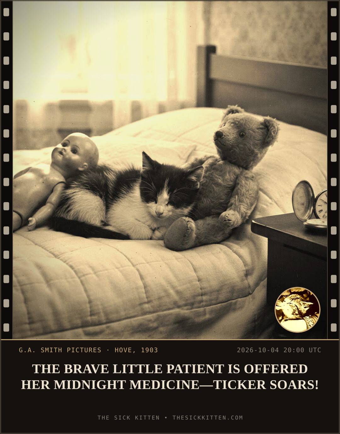 The Sick Kitten, frame no. 1260: THE BRAVE LITTLE PATIENT IS OFFERED HER MIDNIGHT MEDICINE—TICKER SOARS!