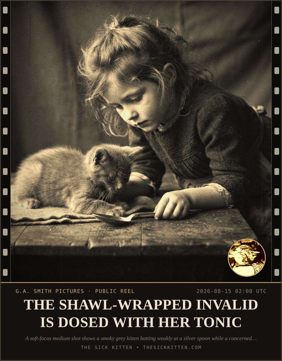 The Sick Kitten, frame no. 903: THE SHAWL-WRAPPED INVALID IS DOSED WITH HER TONIC