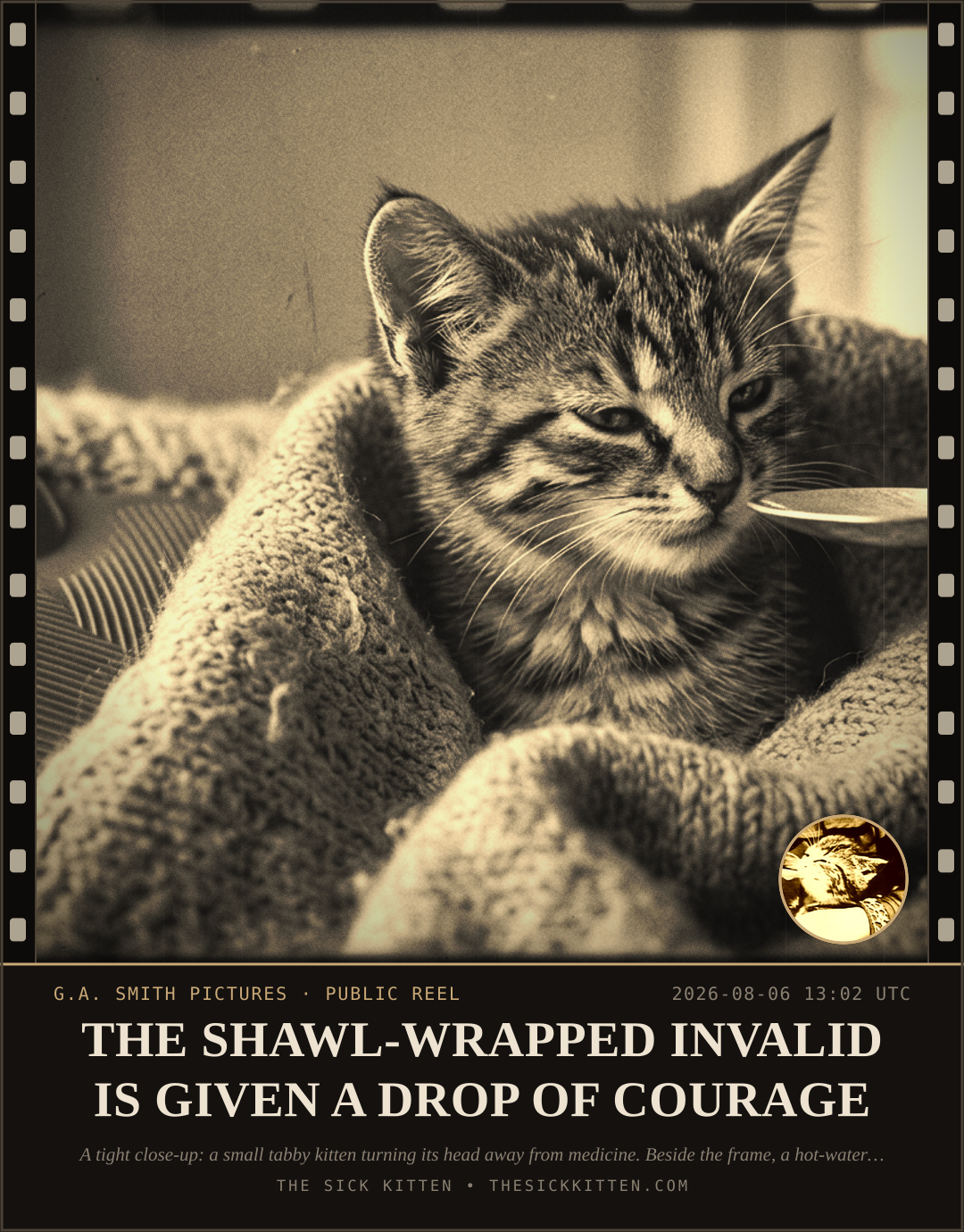 The Sick Kitten, frame no. 752: THE SHAWL-WRAPPED INVALID IS GIVEN A DROP OF COURAGE