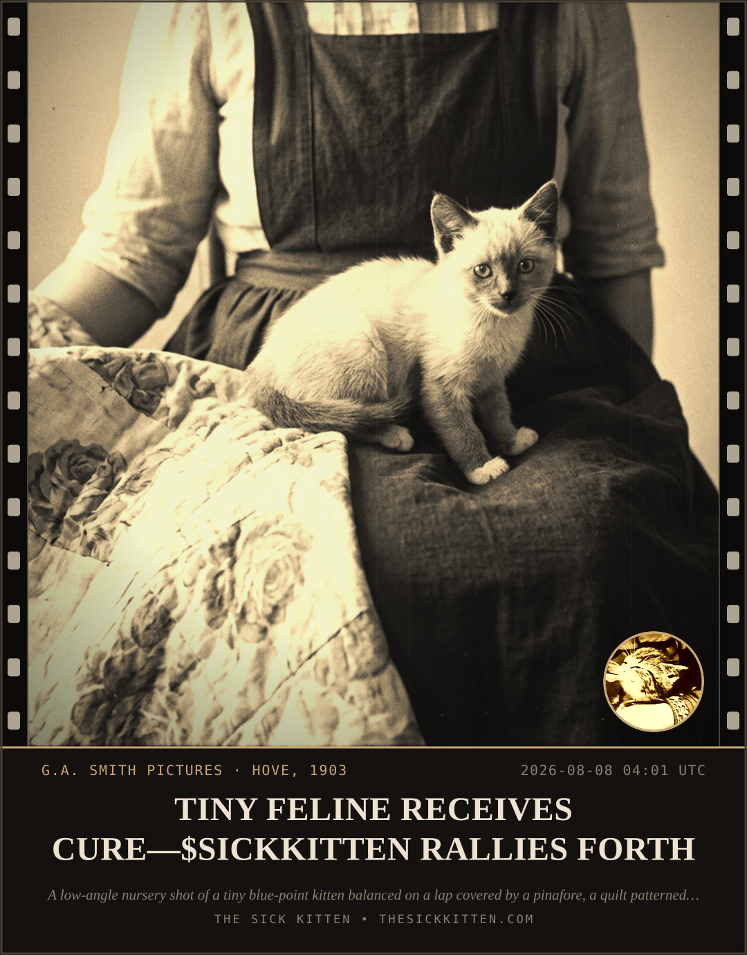 The Sick Kitten, frame no. 827: TINY FELINE RECEIVES CURE—$SICKKITTEN RALLIES FORTH
