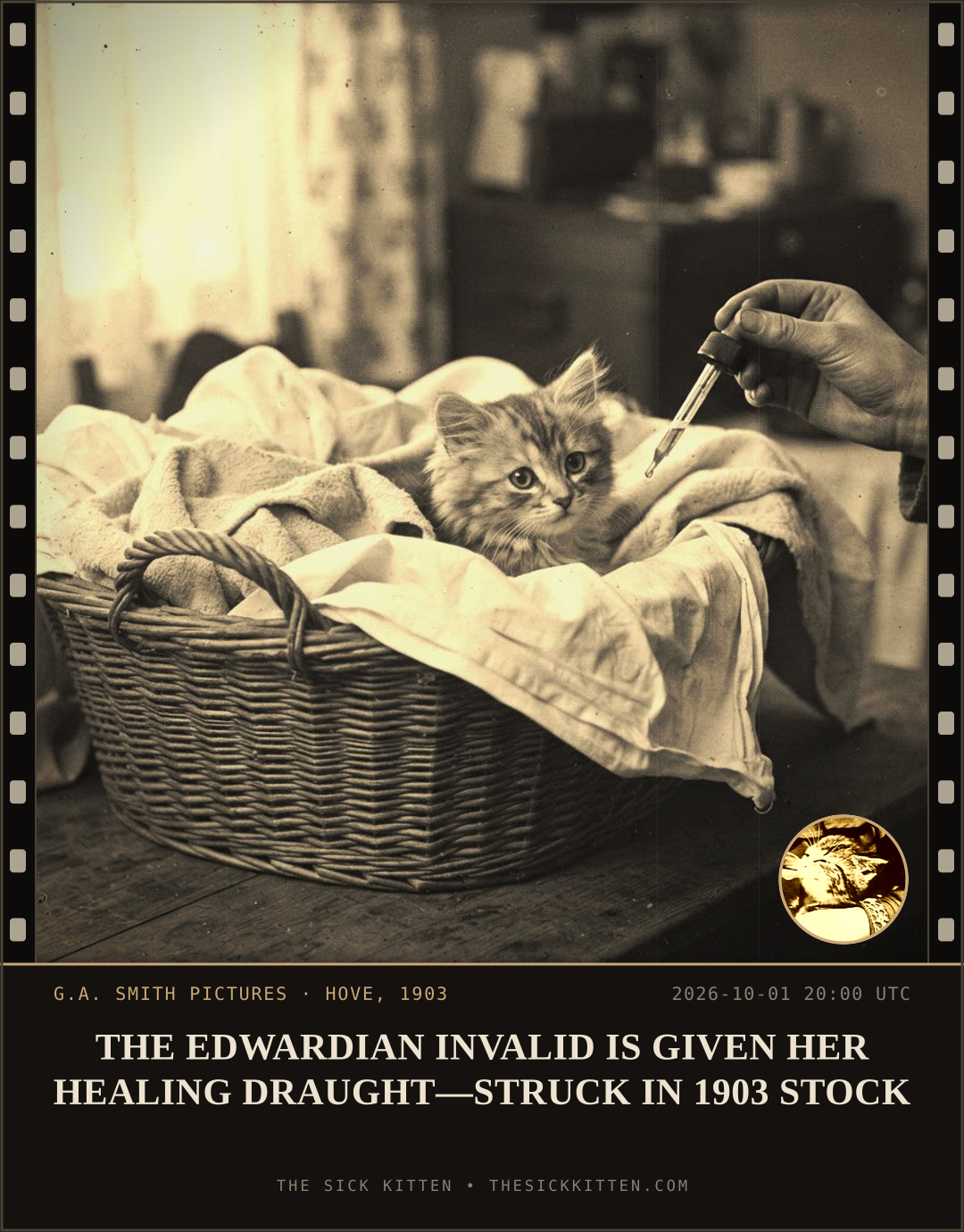 The Sick Kitten, frame no. 1250: THE EDWARDIAN INVALID IS GIVEN HER HEALING DRAUGHT—STRUCK IN 1903 STOCK