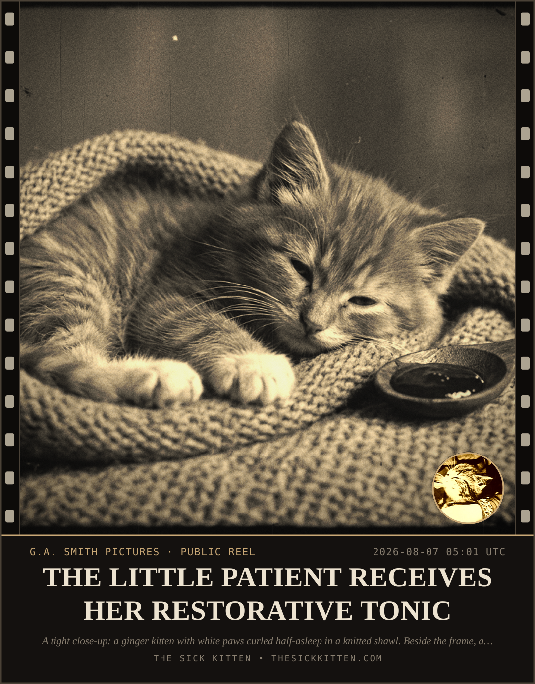 The Sick Kitten, frame no. 784: THE LITTLE PATIENT RECEIVES HER RESTORATIVE TONIC