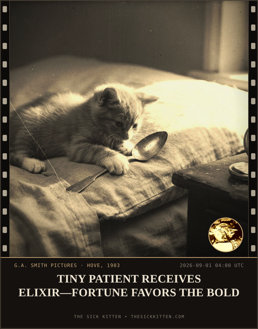 The Sick Kitten, frame no. 998: TINY PATIENT RECEIVES ELIXIR—FORTUNE FAVORS THE BOLD