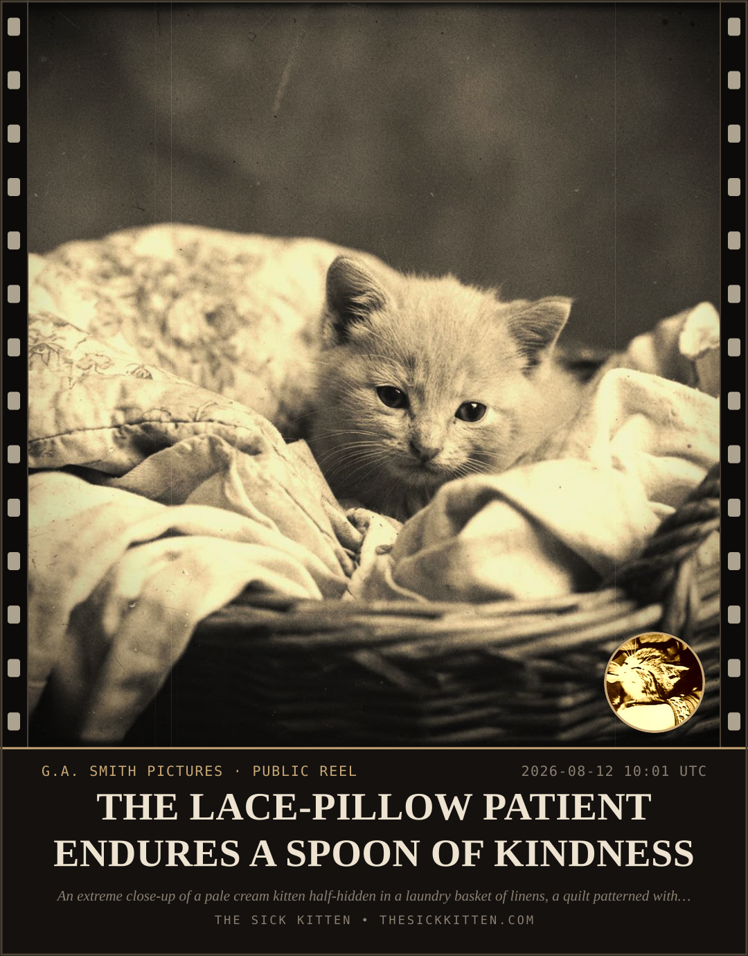 The Sick Kitten, frame no. 880: THE LACE-PILLOW PATIENT ENDURES A SPOON OF KINDNESS