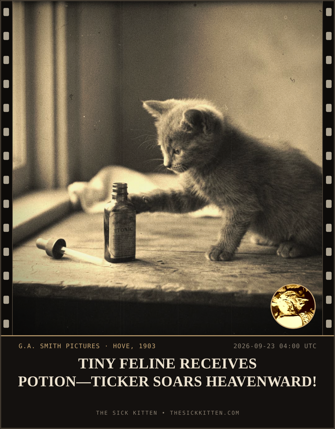 The Sick Kitten, frame no. 1189: TINY FELINE RECEIVES POTION—TICKER SOARS HEAVENWARD!