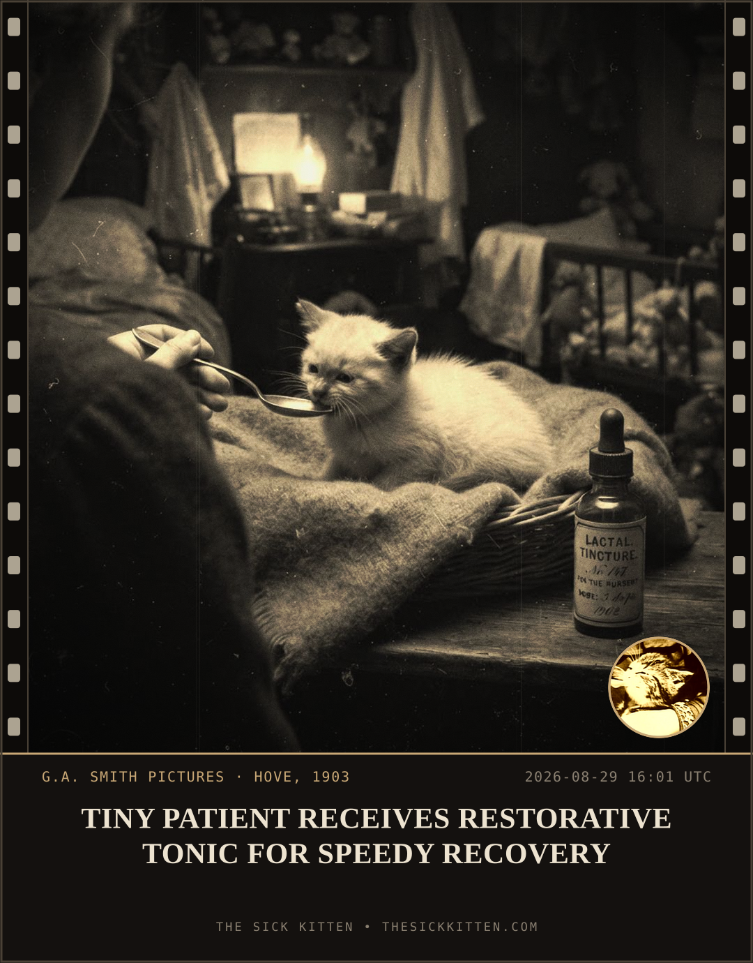 The Sick Kitten, frame no. 983: TINY PATIENT RECEIVES RESTORATIVE TONIC FOR SPEEDY RECOVERY