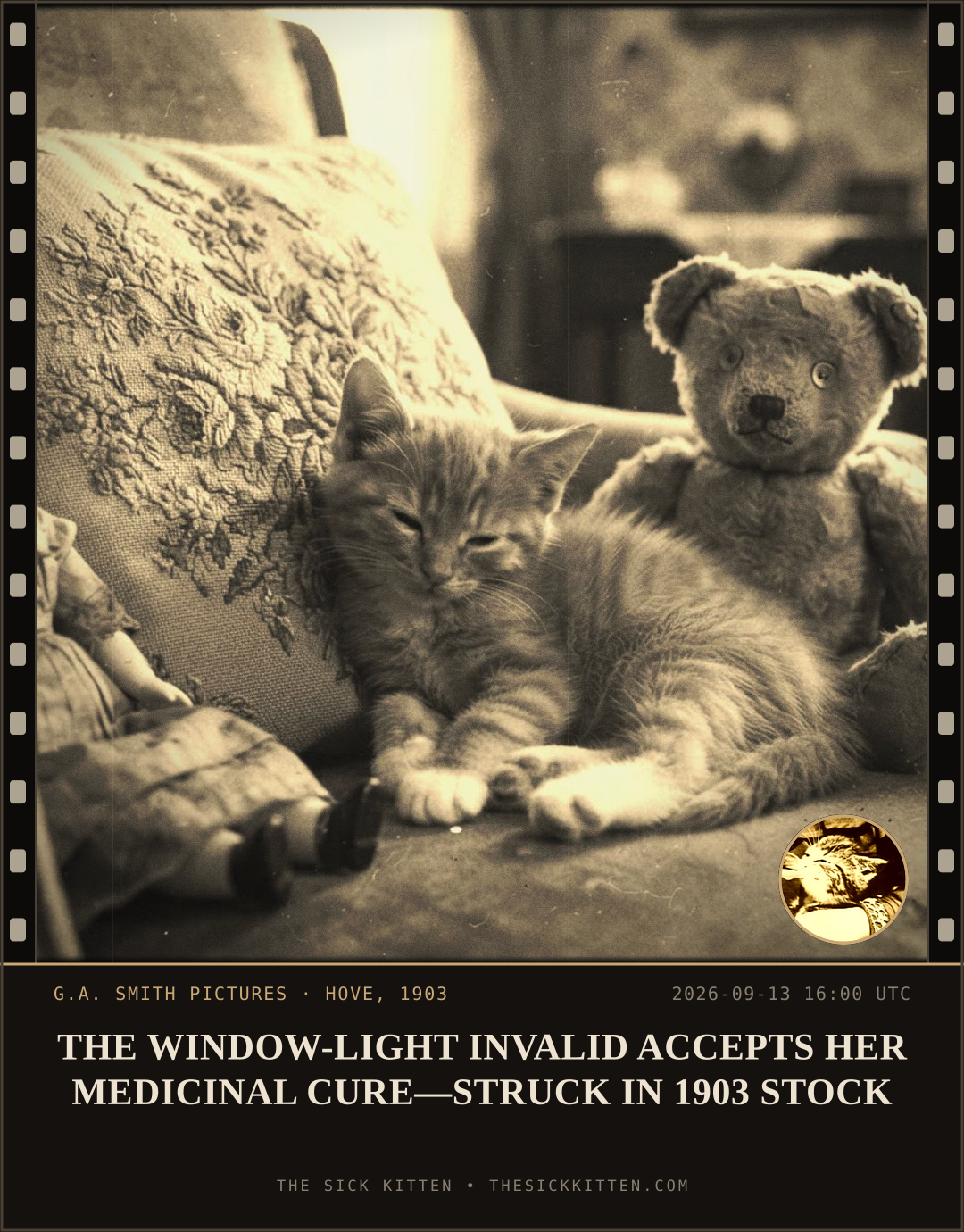 The Sick Kitten, frame no. 1105: THE WINDOW-LIGHT INVALID ACCEPTS HER MEDICINAL CURE—STRUCK IN 1903 STOCK