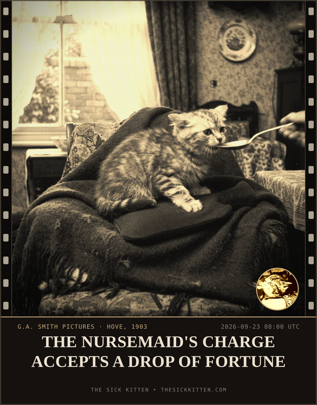 The Sick Kitten, frame no. 1190: THE NURSEMAID'S CHARGE ACCEPTS A DROP OF FORTUNE