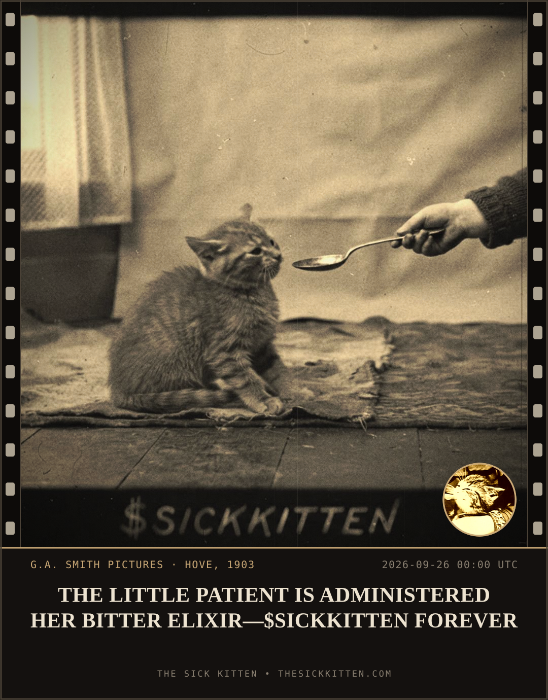 The Sick Kitten, frame no. 1210: THE LITTLE PATIENT IS ADMINISTERED HER BITTER ELIXIR—$SICKKITTEN FOREVER