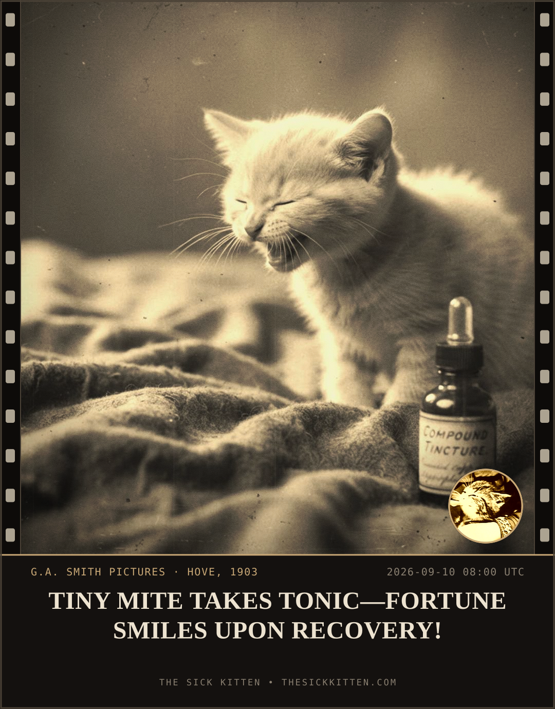 The Sick Kitten, frame no. 1075: TINY MITE TAKES TONIC—FORTUNE SMILES UPON RECOVERY!