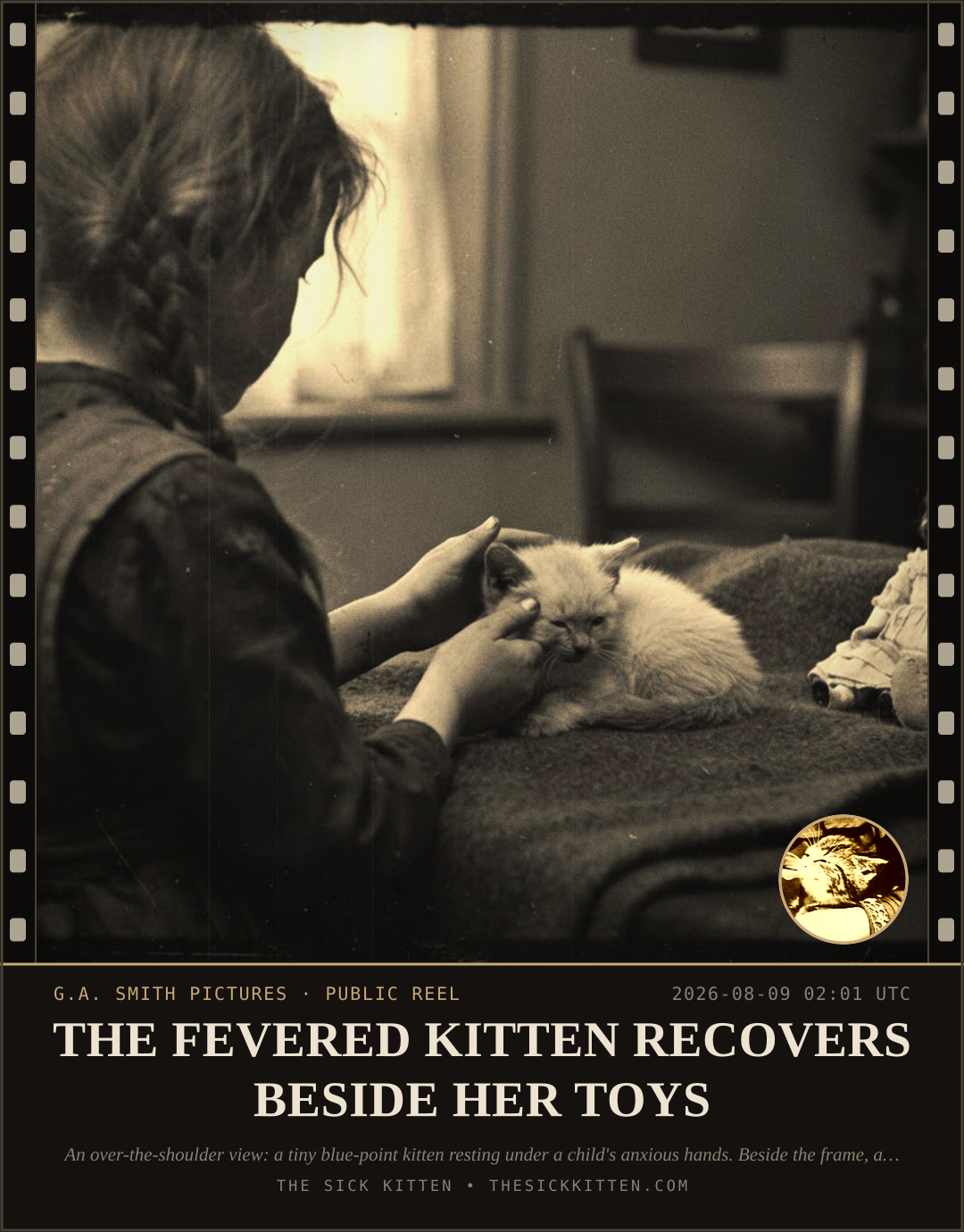 The Sick Kitten, frame no. 849: THE FEVERED KITTEN RECOVERS BESIDE HER TOYS
