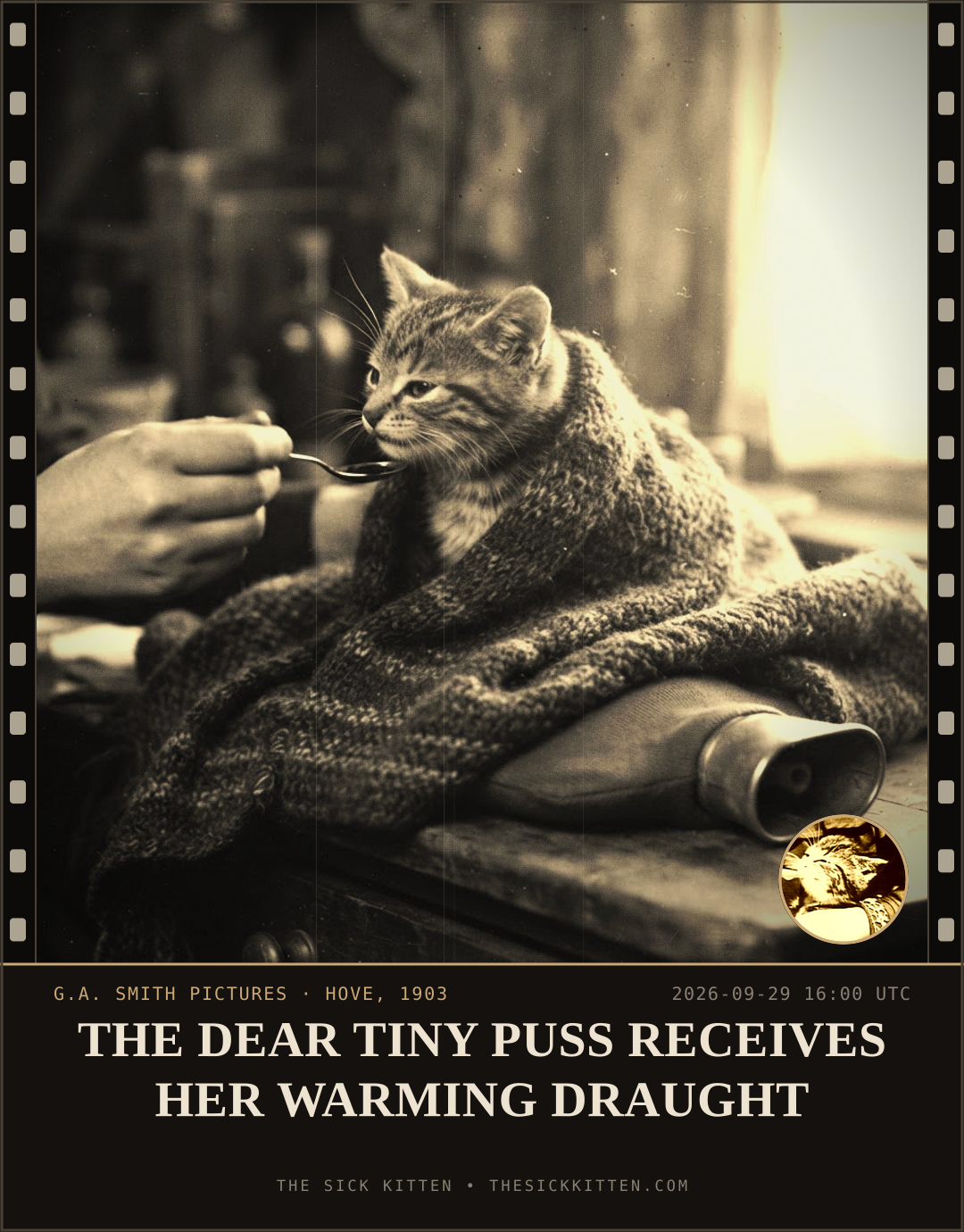 The Sick Kitten, frame no. 1238: THE DEAR TINY PUSS RECEIVES HER WARMING DRAUGHT
