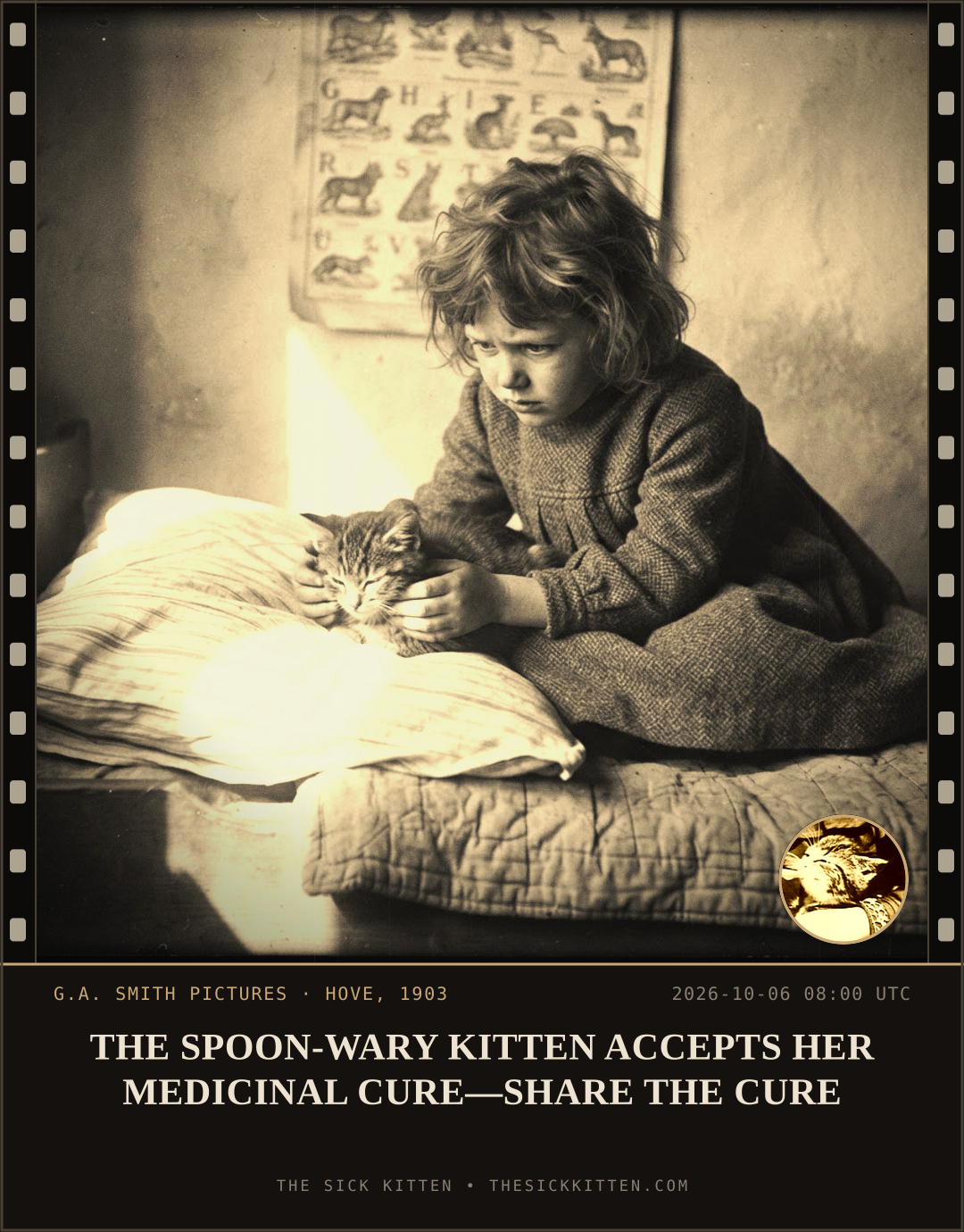 The Sick Kitten, frame no. 1263: THE SPOON-WARY KITTEN ACCEPTS HER MEDICINAL CURE—SHARE THE CURE