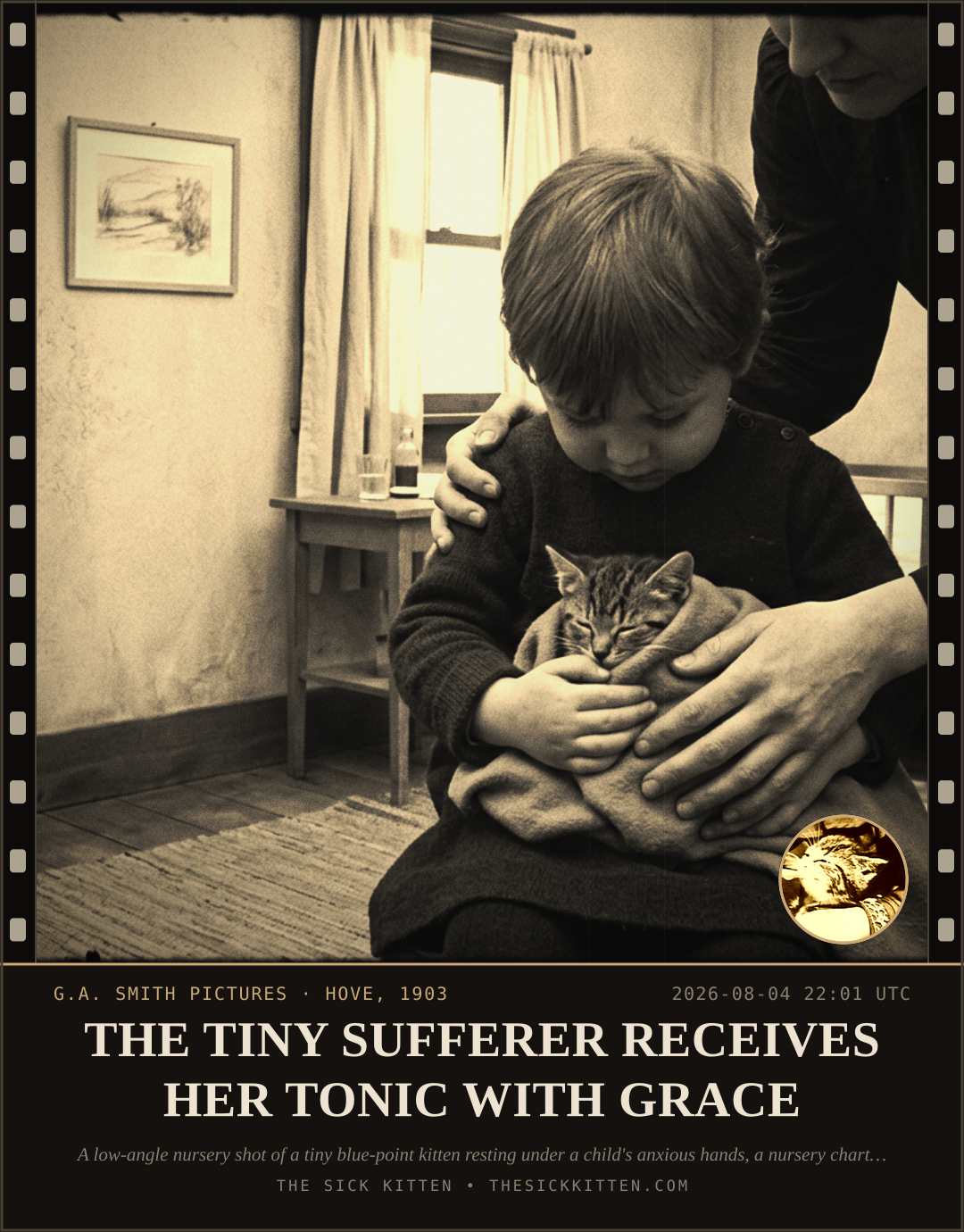 The Sick Kitten, frame no. 678: THE TINY SUFFERER RECEIVES HER TONIC WITH GRACE