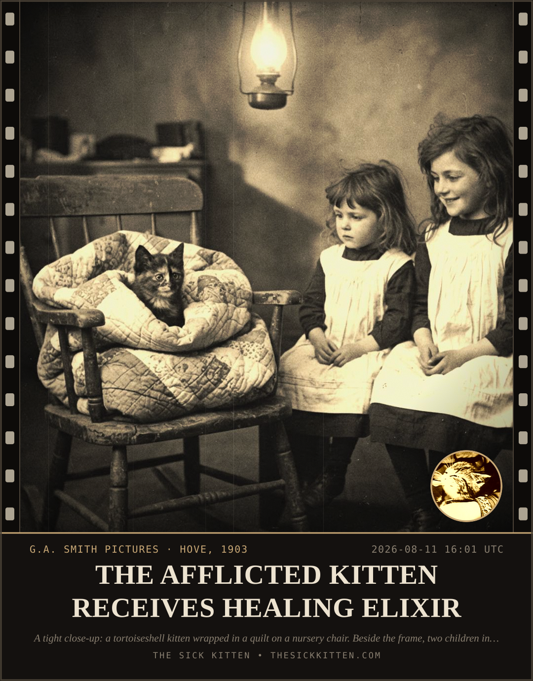 The Sick Kitten, frame no. 875: THE AFFLICTED KITTEN RECEIVES HEALING ELIXIR