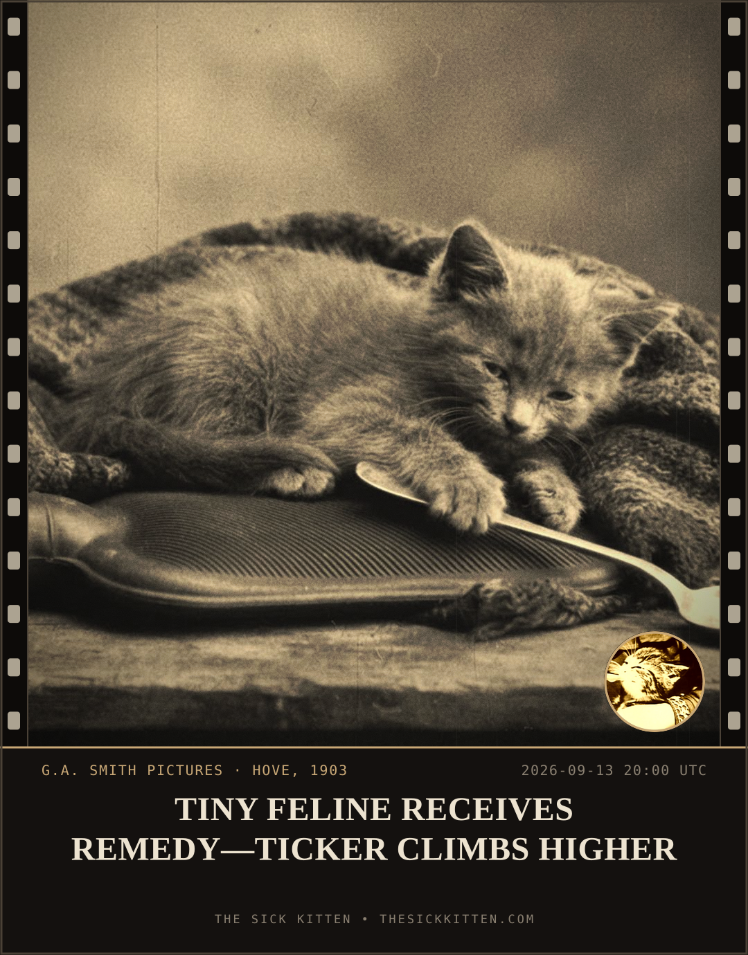 The Sick Kitten, frame no. 1106: TINY FELINE RECEIVES REMEDY—TICKER CLIMBS HIGHER