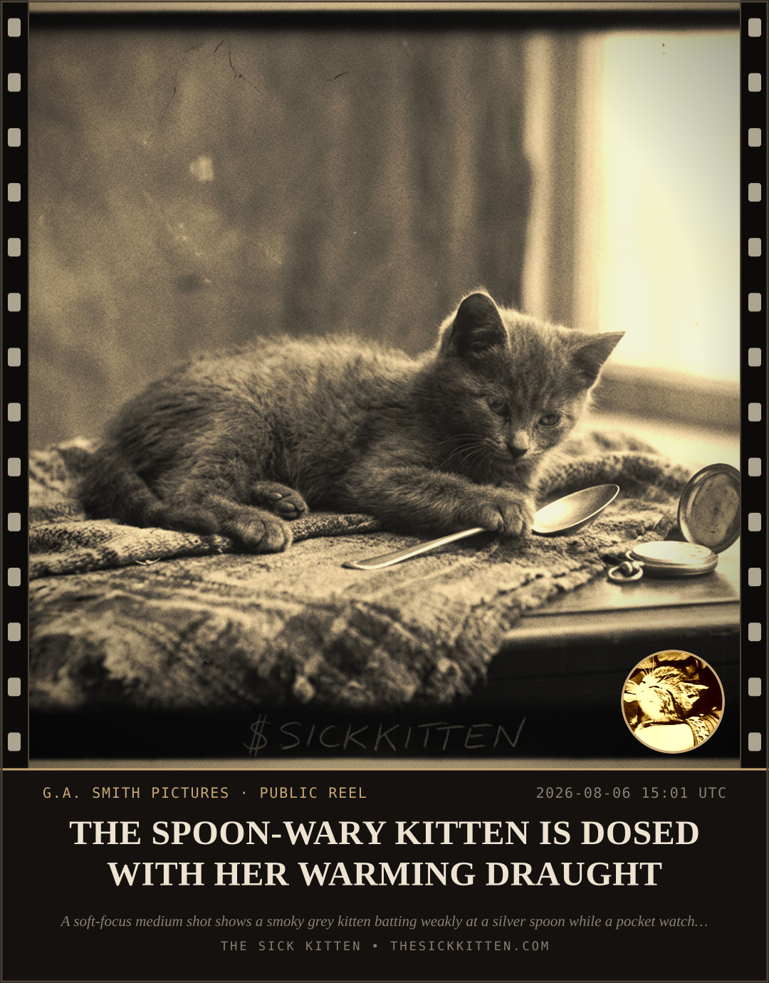 The Sick Kitten, frame no. 755: THE SPOON-WARY KITTEN IS DOSED WITH HER WARMING DRAUGHT