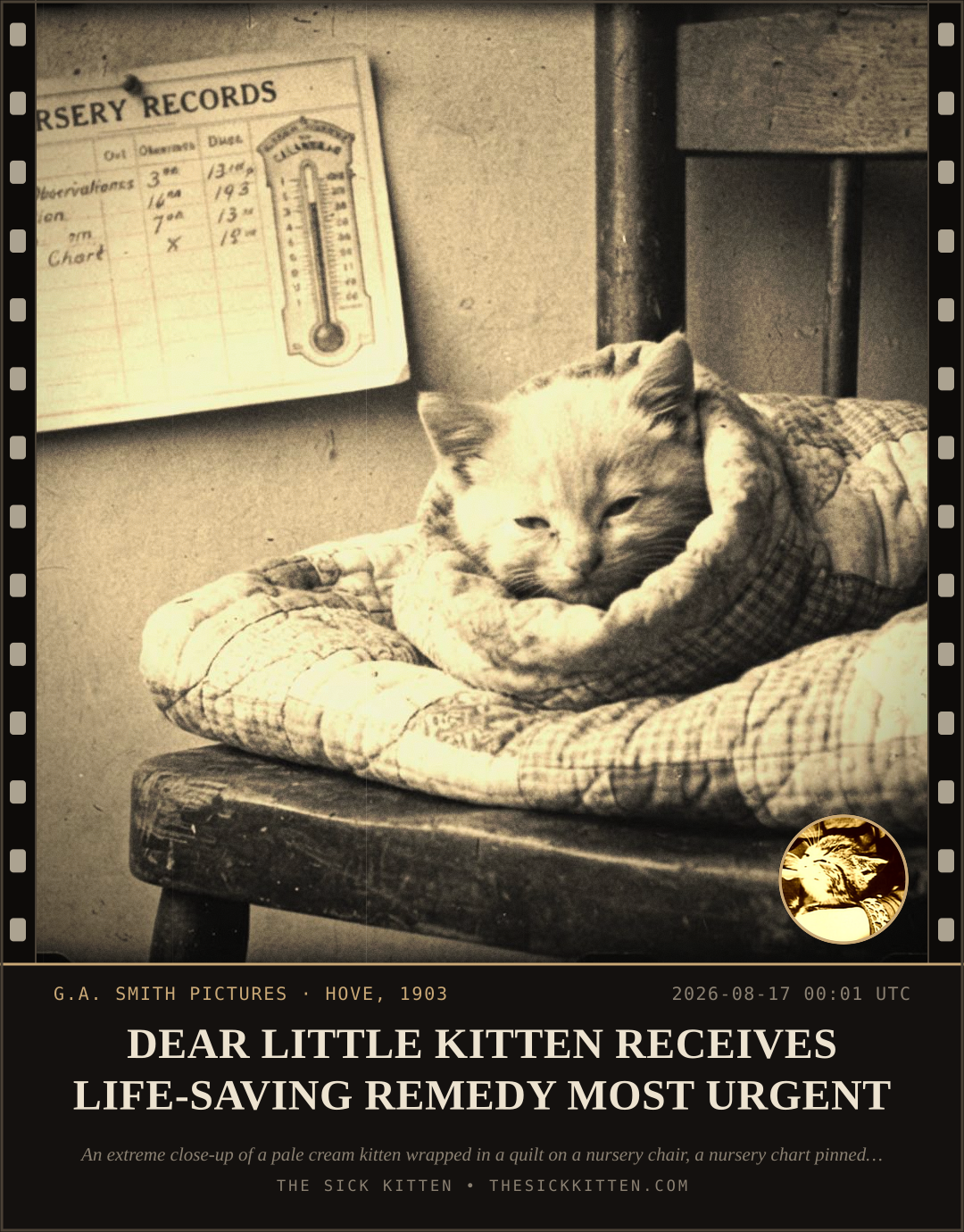 The Sick Kitten, frame no. 920: DEAR LITTLE KITTEN RECEIVES LIFE-SAVING REMEDY MOST URGENT