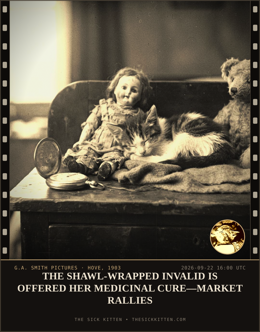 The Sick Kitten, frame no. 1185: THE SHAWL-WRAPPED INVALID IS OFFERED HER MEDICINAL CURE—MARKET RALLIES