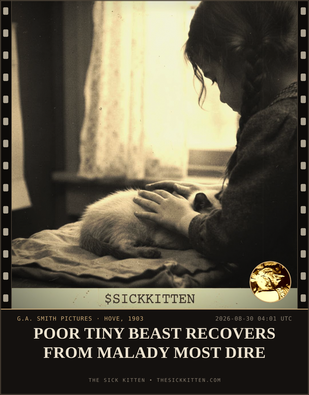 The Sick Kitten, frame no. 987: POOR TINY BEAST RECOVERS FROM MALADY MOST DIRE