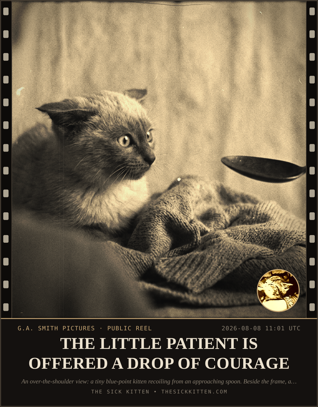The Sick Kitten, frame no. 839: THE LITTLE PATIENT IS OFFERED A DROP OF COURAGE