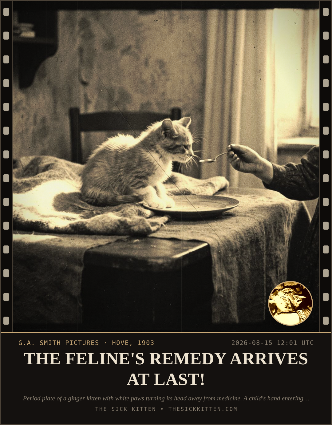 The Sick Kitten, frame no. 907: THE FELINE'S REMEDY ARRIVES AT LAST!
