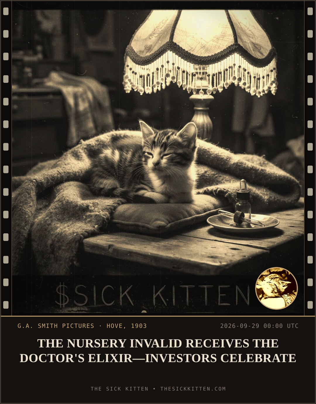 The Sick Kitten, frame no. 1234: THE NURSERY INVALID RECEIVES THE DOCTOR'S ELIXIR—INVESTORS CELEBRATE