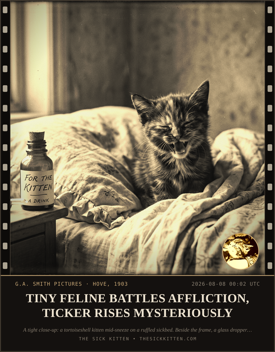 The Sick Kitten, frame no. 819: TINY FELINE BATTLES AFFLICTION, TICKER RISES MYSTERIOUSLY