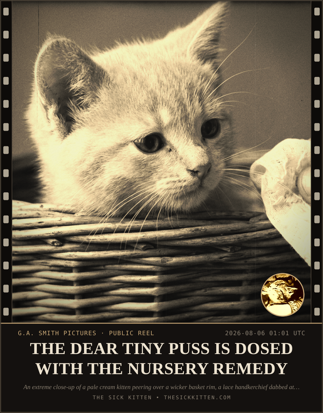 The Sick Kitten, frame no. 729: THE DEAR TINY PUSS IS DOSED WITH THE NURSERY REMEDY