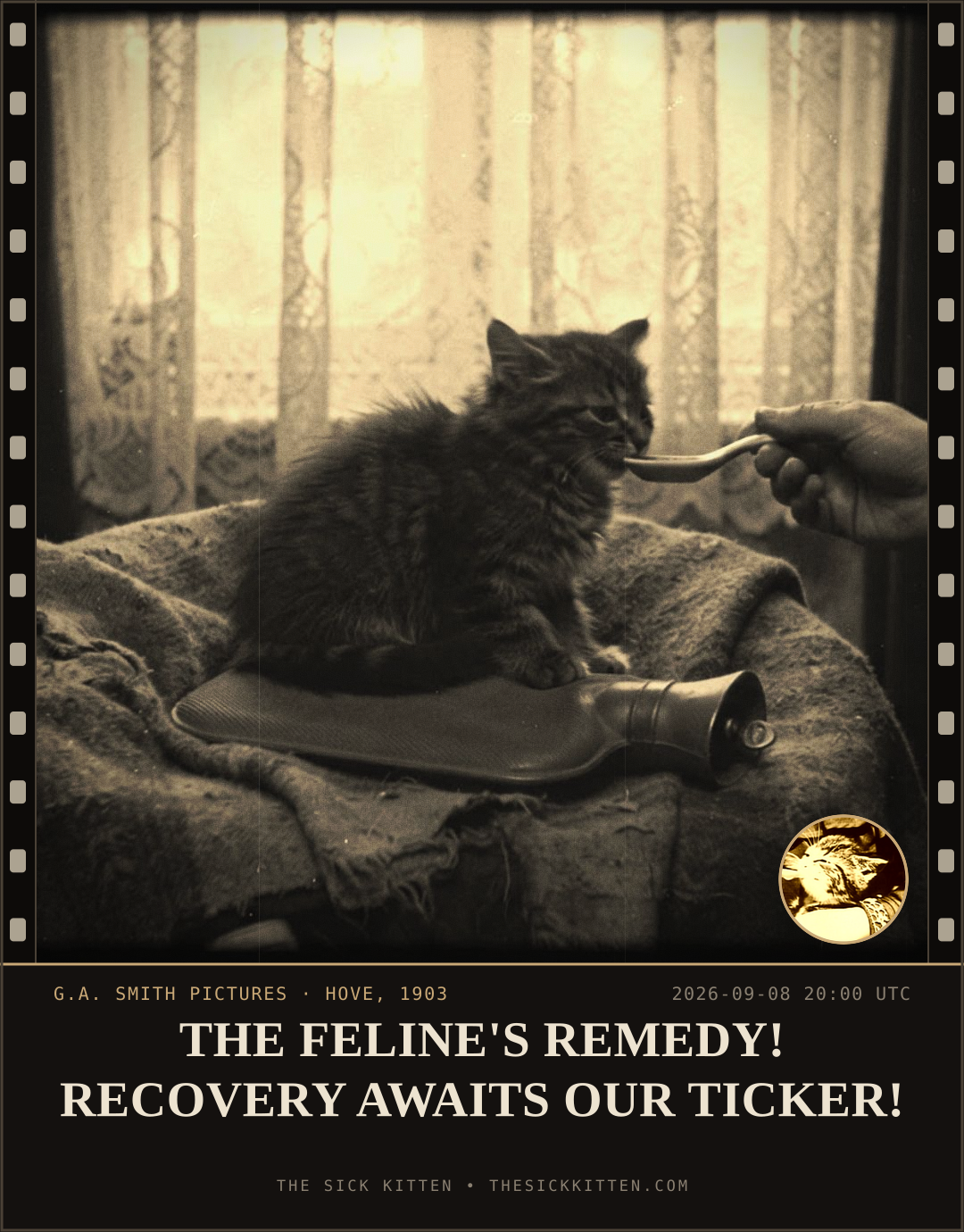 The Sick Kitten, frame no. 1064: THE FELINE'S REMEDY! RECOVERY AWAITS OUR TICKER!