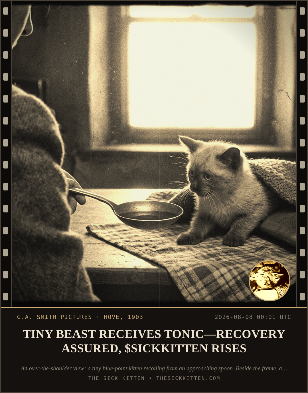 The Sick Kitten, frame no. 818: TINY BEAST RECEIVES TONIC—RECOVERY ASSURED, $SICKKITTEN RISES