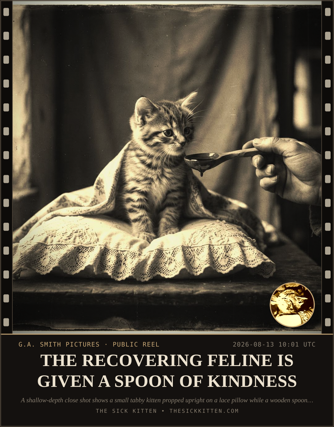 The Sick Kitten, frame no. 892: THE RECOVERING FELINE IS GIVEN A SPOON OF KINDNESS