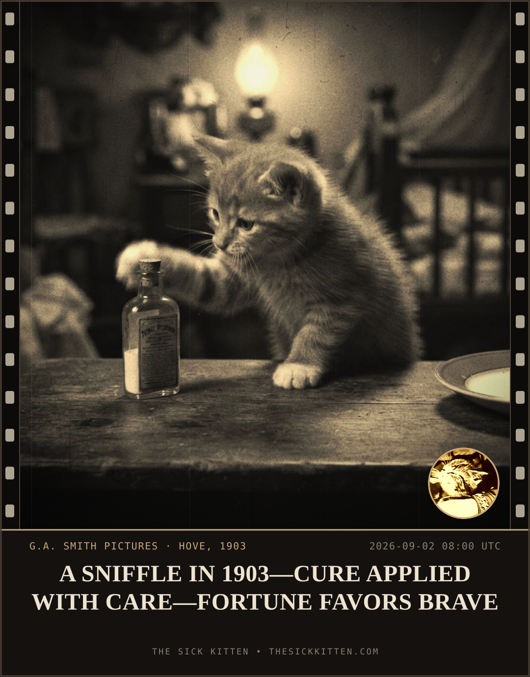 The Sick Kitten, frame no. 1012: A SNIFFLE IN 1903—CURE APPLIED WITH CARE—FORTUNE FAVORS BRAVE